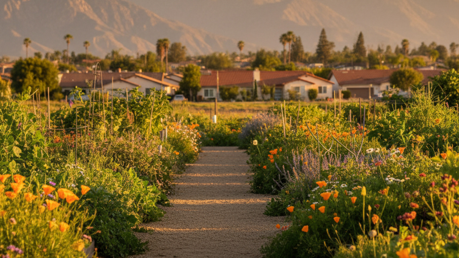 A community garden path with mountains in the distance