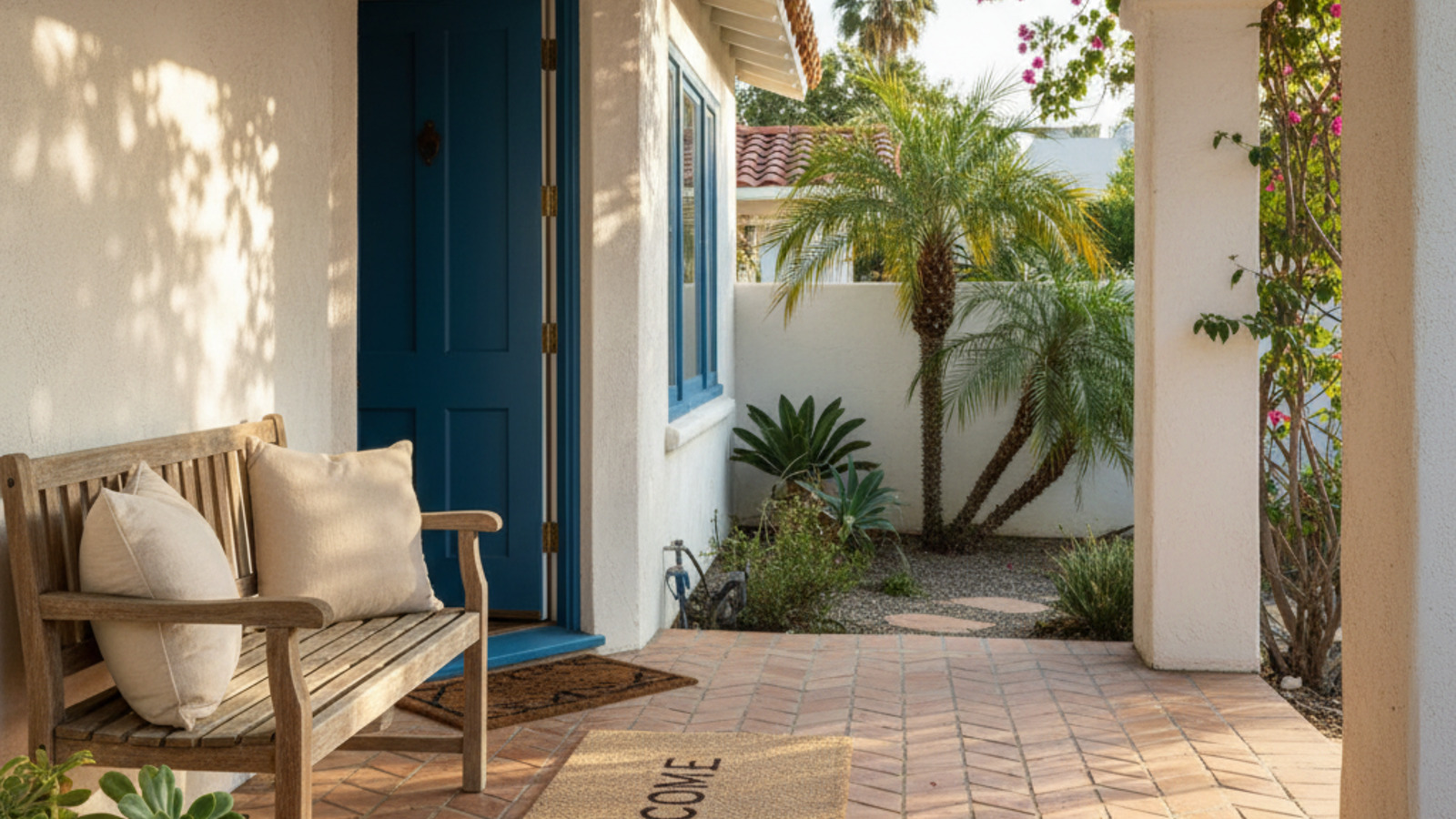 A welcoming front porch with a wooden bench and a blue door