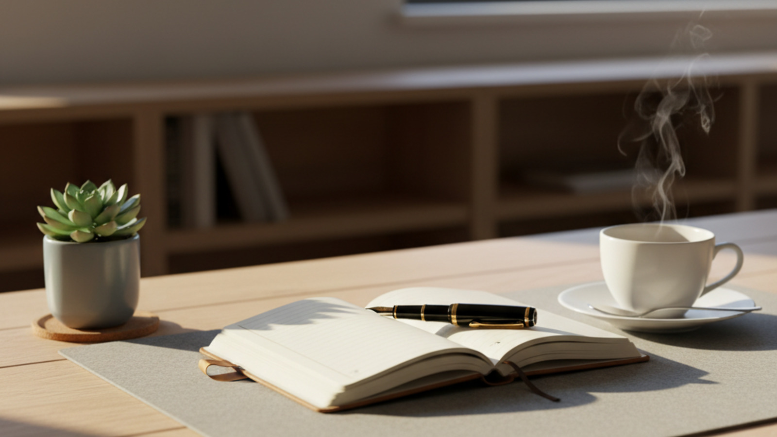 An open notebook with a fountain pen and a cup of tea on a calm desk