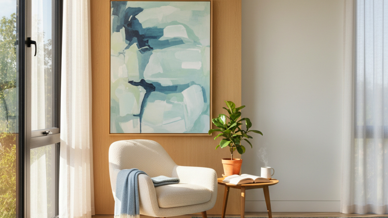 A sunlit living room corner with a plant and an open book